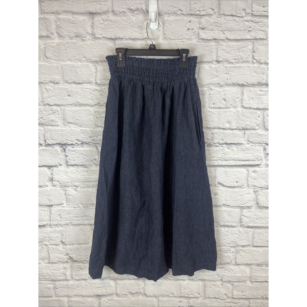 Garnett Hill Smocked Linen Blue Lightweight Midi Skirt Size Small Minimalist - Picture 4 of 7